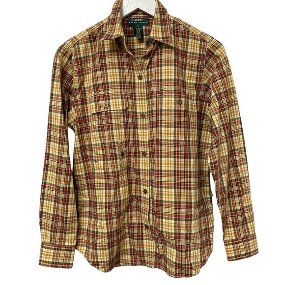 LAUREN RALPH LAUREN Plaid Shirt Small Cotton Snap Button Up Red Tan Western - Picture 1 of 8